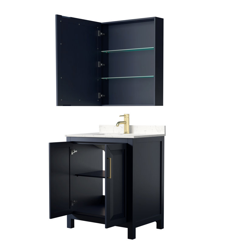 Daria 30'' Single Bathroom Vanity with Marble Top, Carrara Cultured Marble, Dark Blue, Brushed Gold