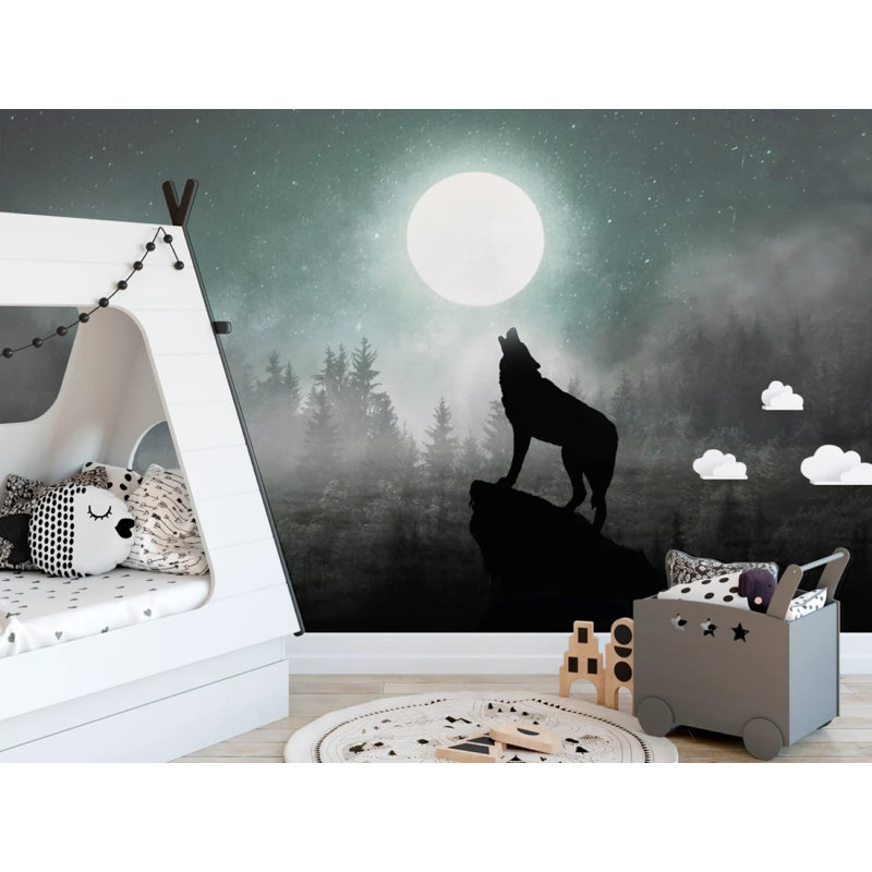 Loup, minuit, papier peint lune, L 75,96 po x l 114 po