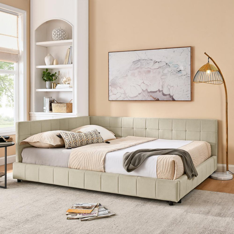 L-shape Corner Bed Frame Velvet Tufted Daybed, Cream Beige, Queen