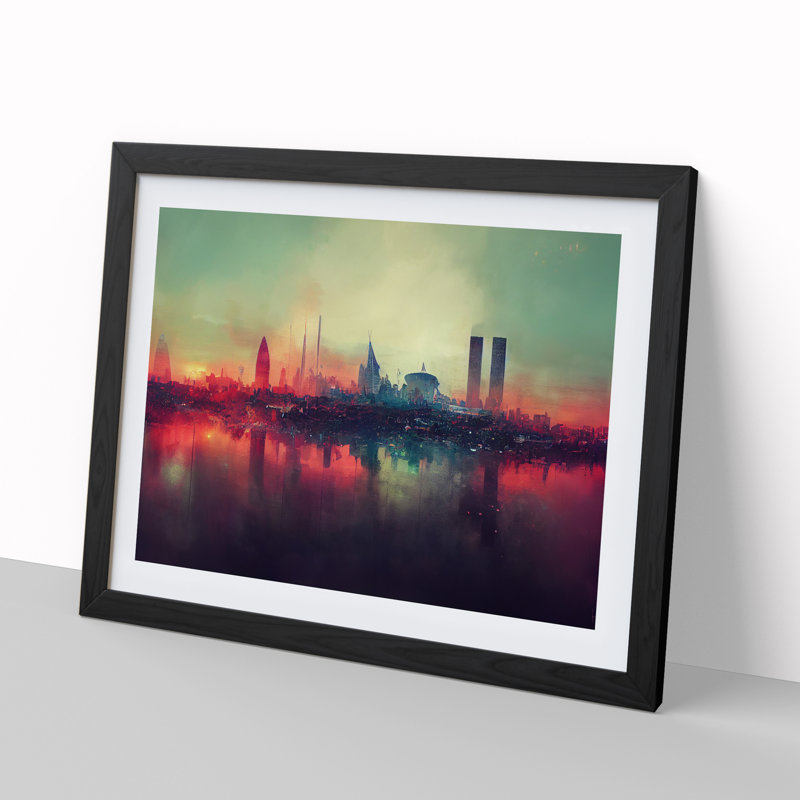 Dystopian London Skyline Abstract - Single Picture Frame Painting, Black, 25cm H x 34cm W x 2cm D