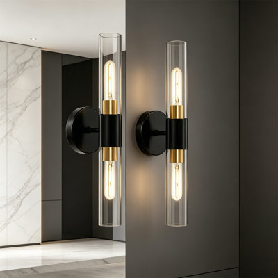 Set of 2 Modern Black & Gold LED Vanity Wall Sconces Clear Glass Iron Frame Shade for Bathroom Bedroom