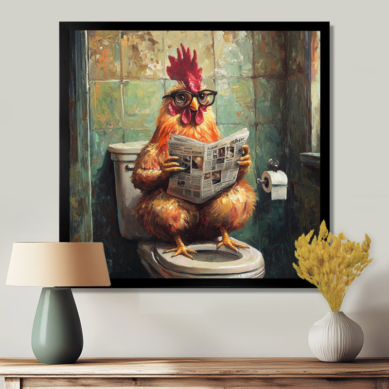 Kermina Rooster lecture du journal dans la toilette II - coq, art mural, Reproduction encadrée d'une seule photo