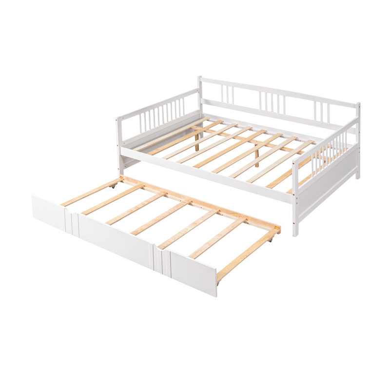 Lit de jour double en bois avec lit gigogne simple, blanc, Blanc