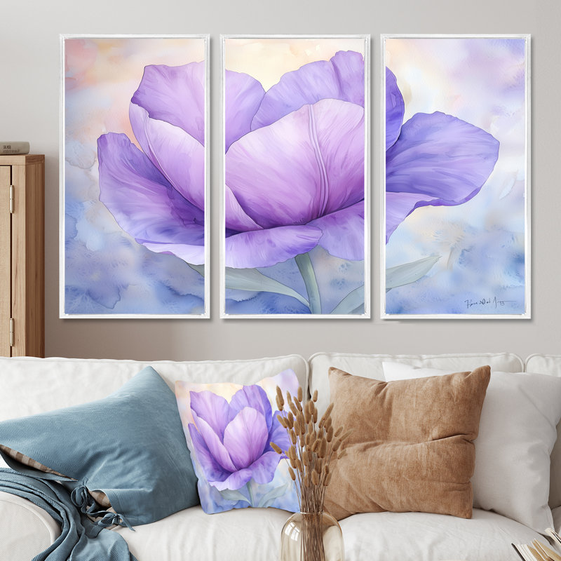 Fleur radieuse de tulipe mauve II - ensemble d'art mural tulipe, H 32 po x l 48 po, Reproduction avec cadre flottant, Blanc