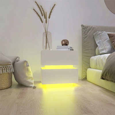 White Color High Glossy 2 Drawers Bedside Table With Rgb Led Light Nightstand With Bluetooth Control