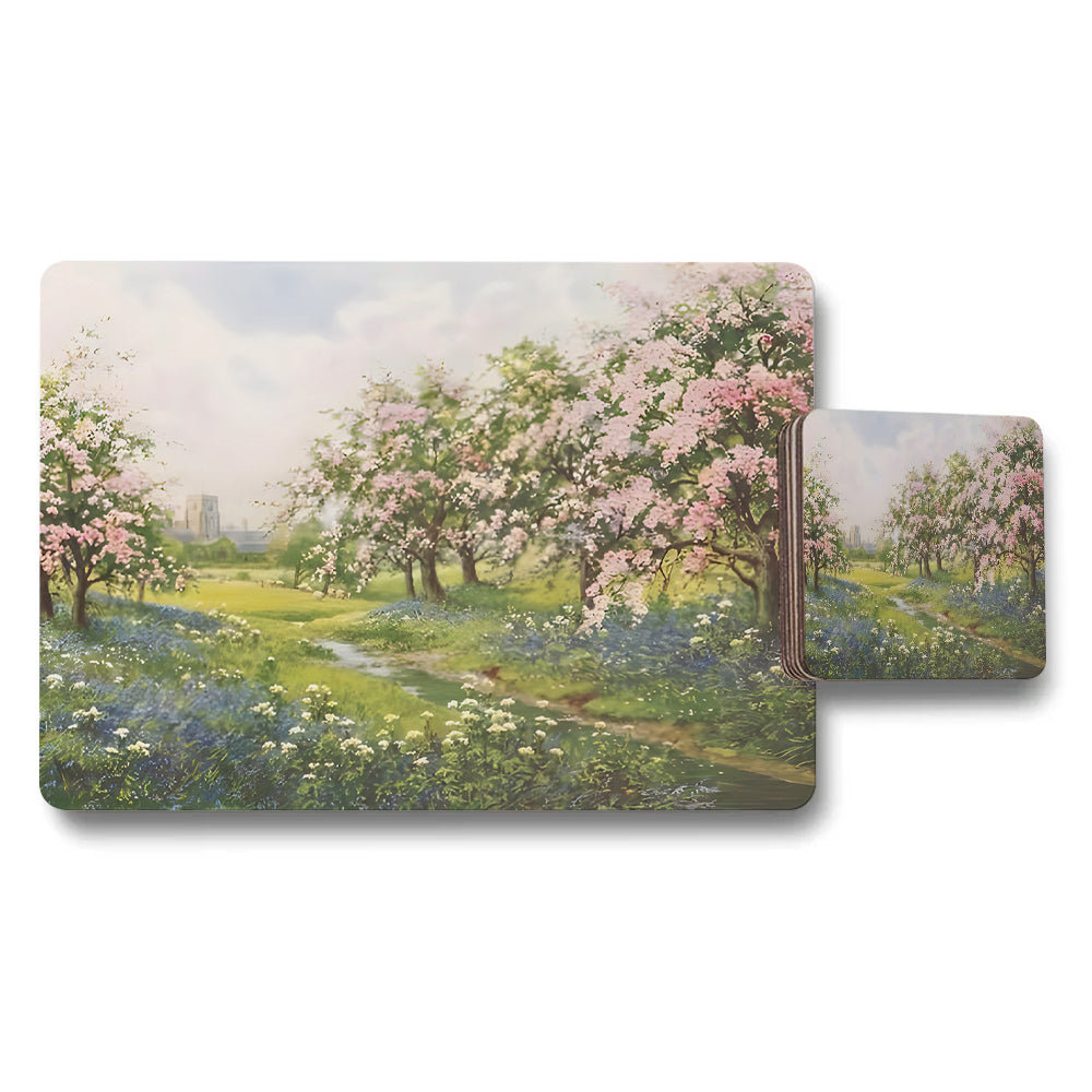 Floral Garden Scene Placemats And Coasters Set With Pink Blossoms