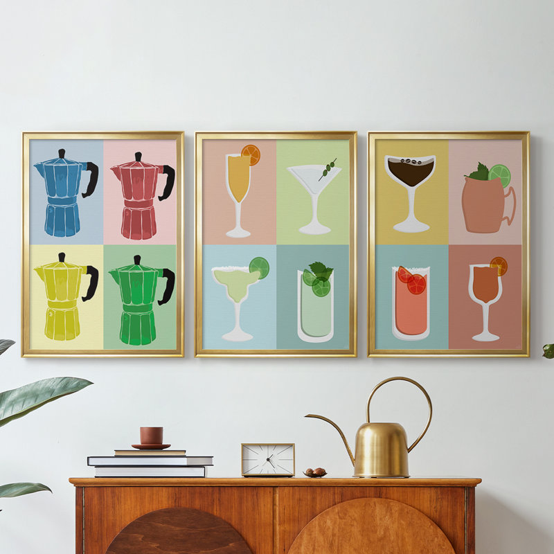 Moka Pot Colorblock - Toile tendue avec châssis sur mesure - 3 pièces, H 19 po x l 45 po, Doré