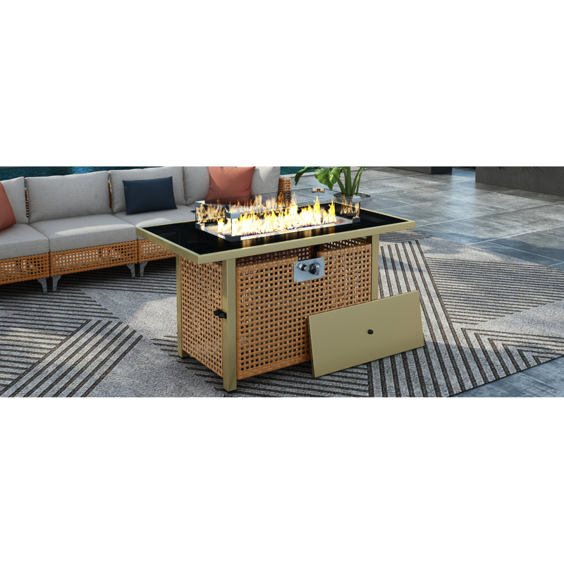 Table de foyer d'extérieur 43 po avec pare-vent en verre, gaz propane 60000, tissage rectangulaire ouvert pour la cour arrière - Table d'extérieur orange et jaune moutarde