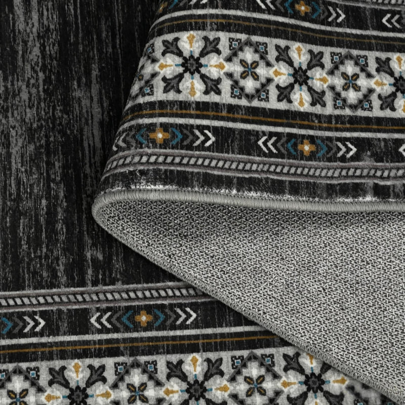 Rectangle Geometric Washable Area Rug, Black, Runner 60 x 230 cm