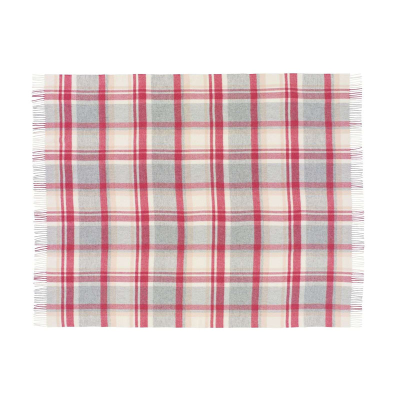 Jeté tissé en laine d'agneau Merino, Gris / rouge / damier ivoire