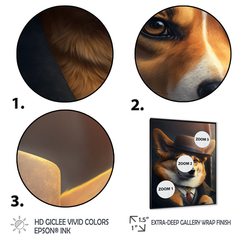 Corgi, Impression noire sur toile encadrée, H 20 po x l 12 po x P 1 po