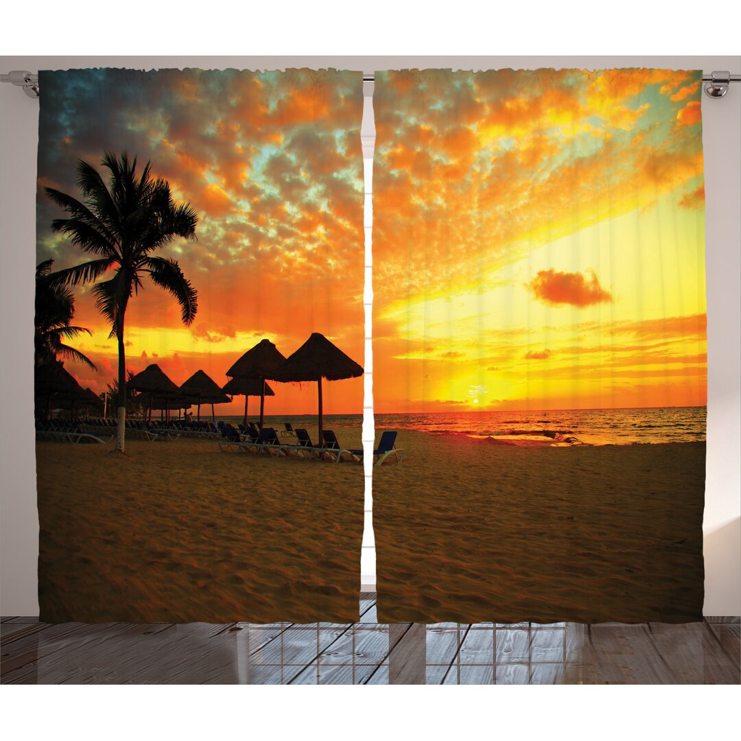 2-tlg. Vorhang-Set Sunset Scene at Beach Resort Silhouette Romantic Honeymoon Vacation Photo Print, halbtransparent