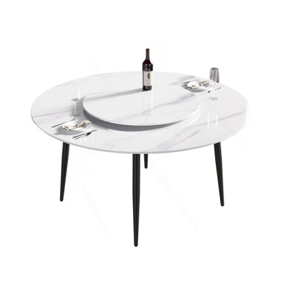 59.05"Modern Artificial Stone Round Black Metal Dining Table-Can Accommodate 6 People-31.5"White Artificial Stone Turntable