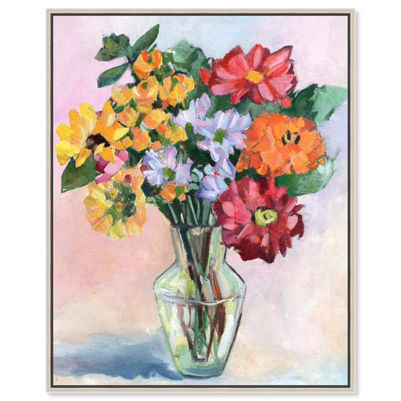 Positif, art floral sur toile pêche boho par Art Remedy, Cadre argenté, H 25 po x l 21 po
