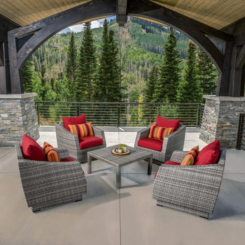 Fionnula 4 Person Rattan Sunbrella Seating Group with Cushions, Canvas Jockey Red Sunbrella® Canvas