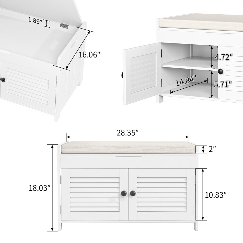 Shoe Storage Bench with Lift Top Storage, Wood Entryway Bench with Cushion, Adjustable Shelves, White