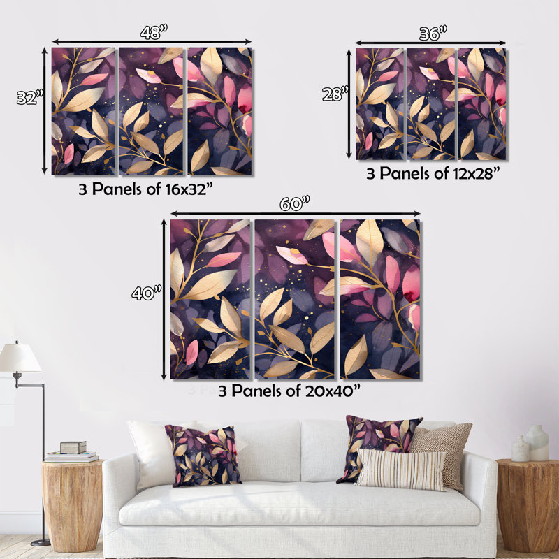 «Purple Gold Leafs Harmony» sur toile, reproduction de 3 pièces, H 40 po x l 60 po x P 1 po