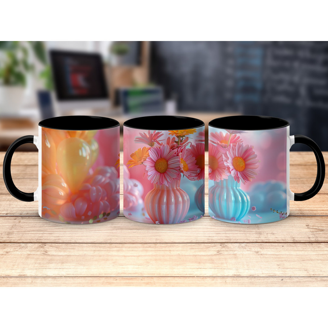Set of 3 Colourful 3D Design 11oz Accent Mugs – White Ceramic Coffee Cups with a Black Handle and Interior