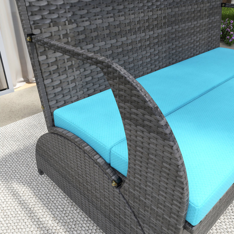 Ensemble de salle à manger d'extérieur polyvalent rectangulaire en osier pour 4 personnes avec coussins, Bleu