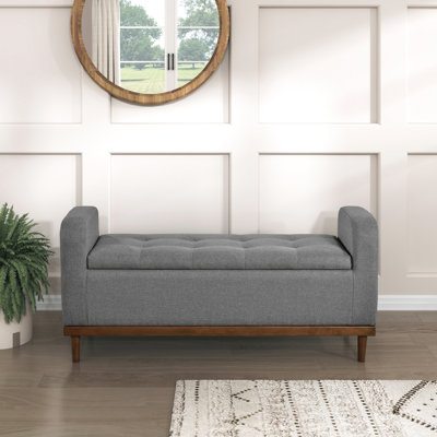 Banc de rangement gris de style Mid-Century rembourré gris, dessus de chambre à coucher relevable, banc en bois massif avec finition noyer