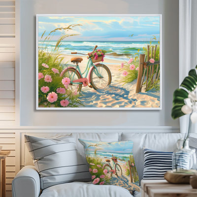 Vélo bleu sur le sentier côtier floral I - impression d'art mural côtier