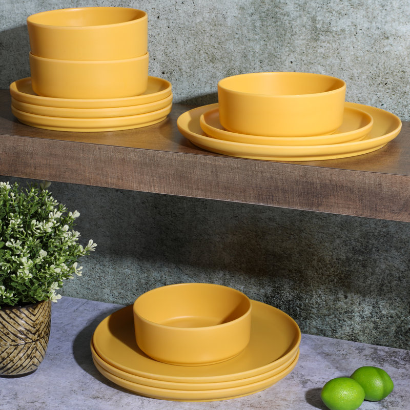 Yellow Gold Round Melamine Dinnerware Set, Service for 4