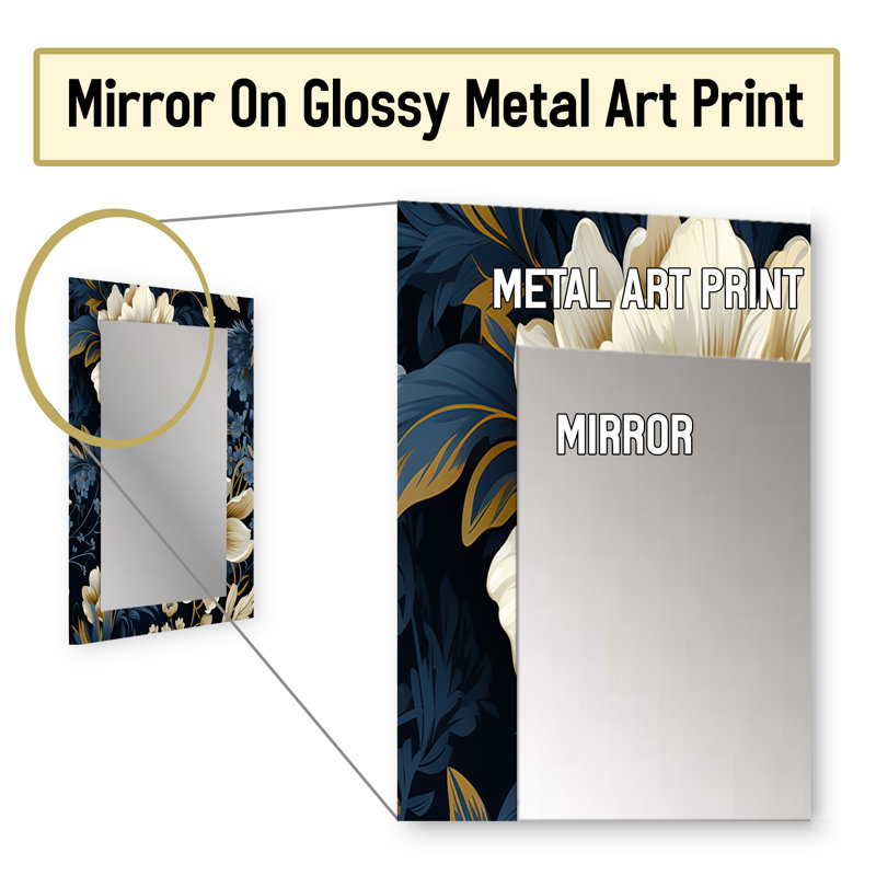 Amero Blue pivoines Regal damassé opulence - miroir décoratif floral, miroir mural de chalet, impression d'art en métal