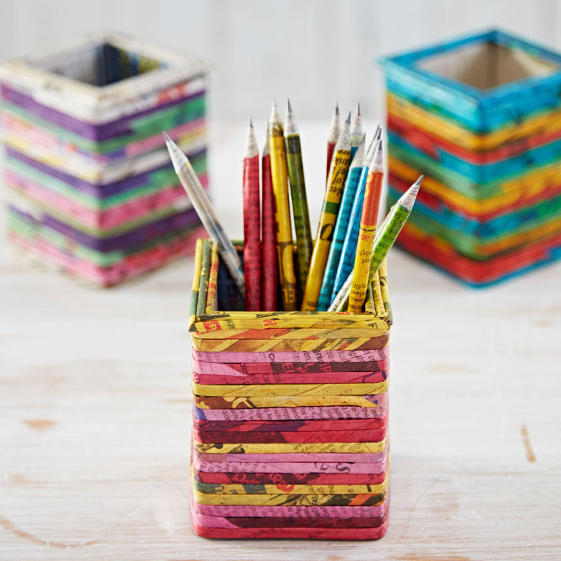 Cardboard / Paper Pen Holder, Red/Pink/Yellow
