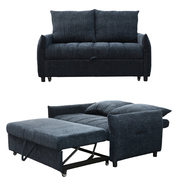 Confortable lit double bleu marine avec revêtement en lin et rangement, futon de salon moderne et dossier réglable