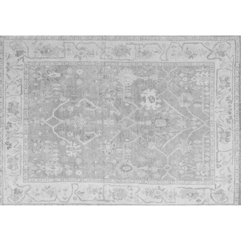 Tapis oriental en laine / polyester tissé à la machine en gris / blanc / noir, Rectangle 7 pi x 10 pi