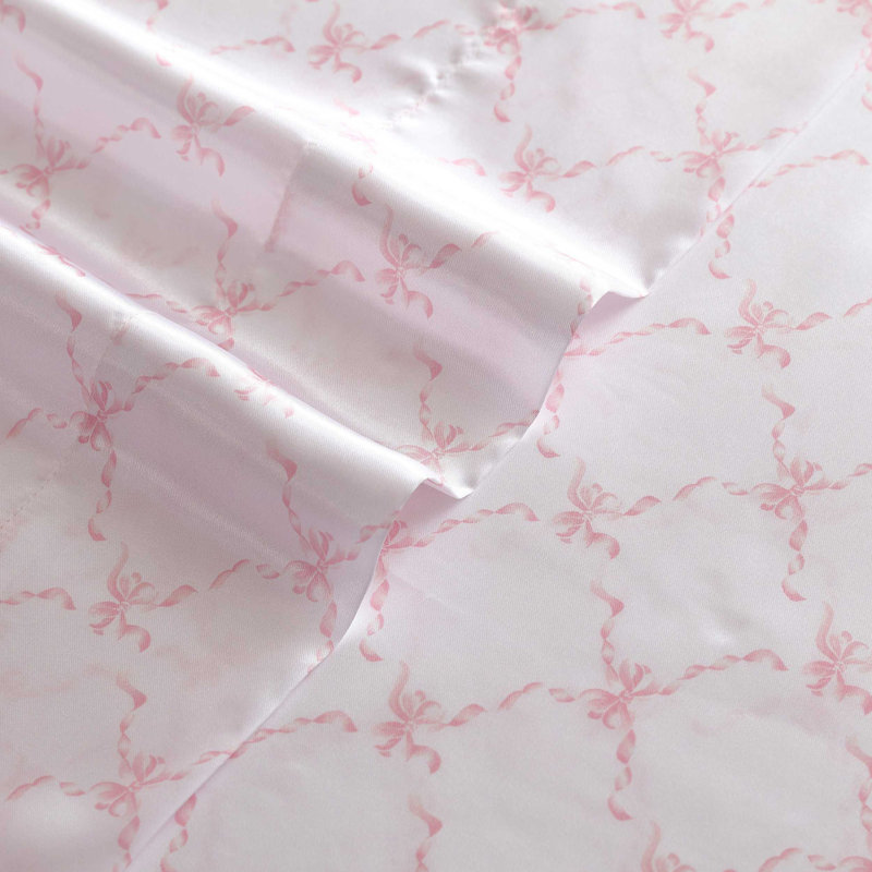 Laura Ashley Printed, Bow Ribbon Pink, Queen Sheet Set with 2 Pillowcases