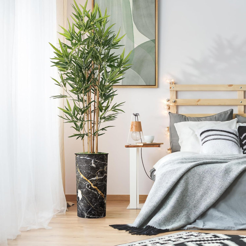 Artificial Tree in Contemporary Planter Fake Bamboo Silk Tree (Plant Pot Plus Tree), Granite Dark Grey