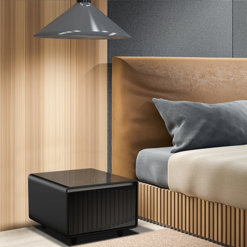 Black High Gloss Smart End Table with Fridge Drawer and Charging Station