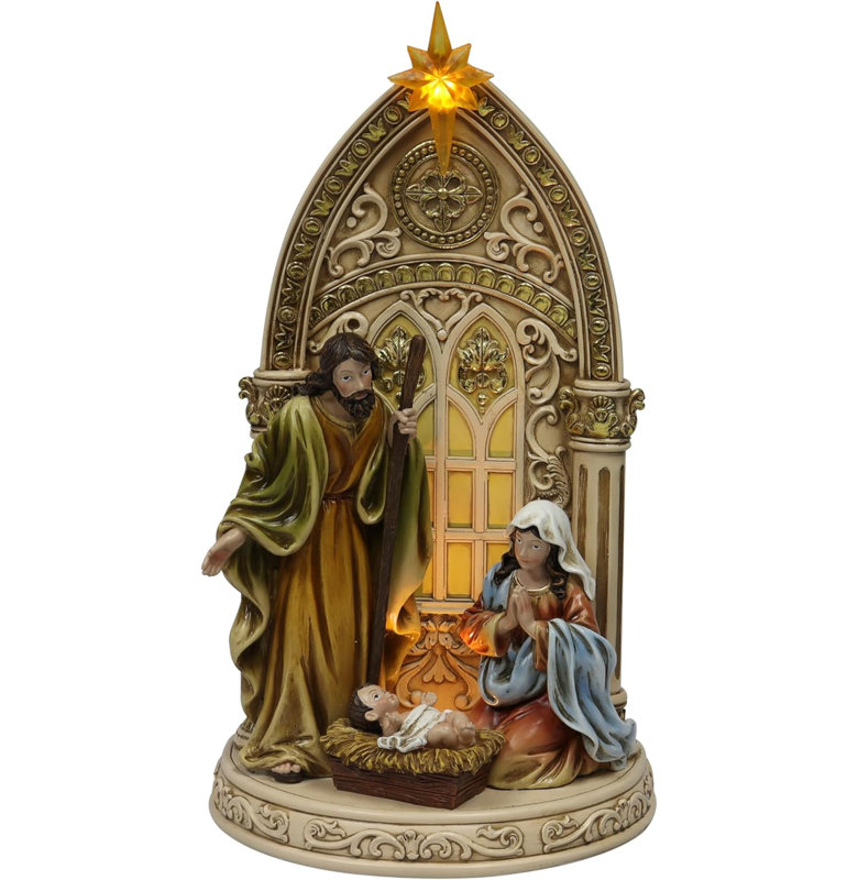 Hand-Painted Holy Family Nativity Scene with LED Light