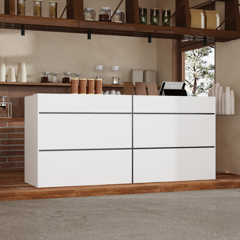 220cm White Reception Desk with Storage - P2 Melamine Front Desk Cabinet for Office & Lobby