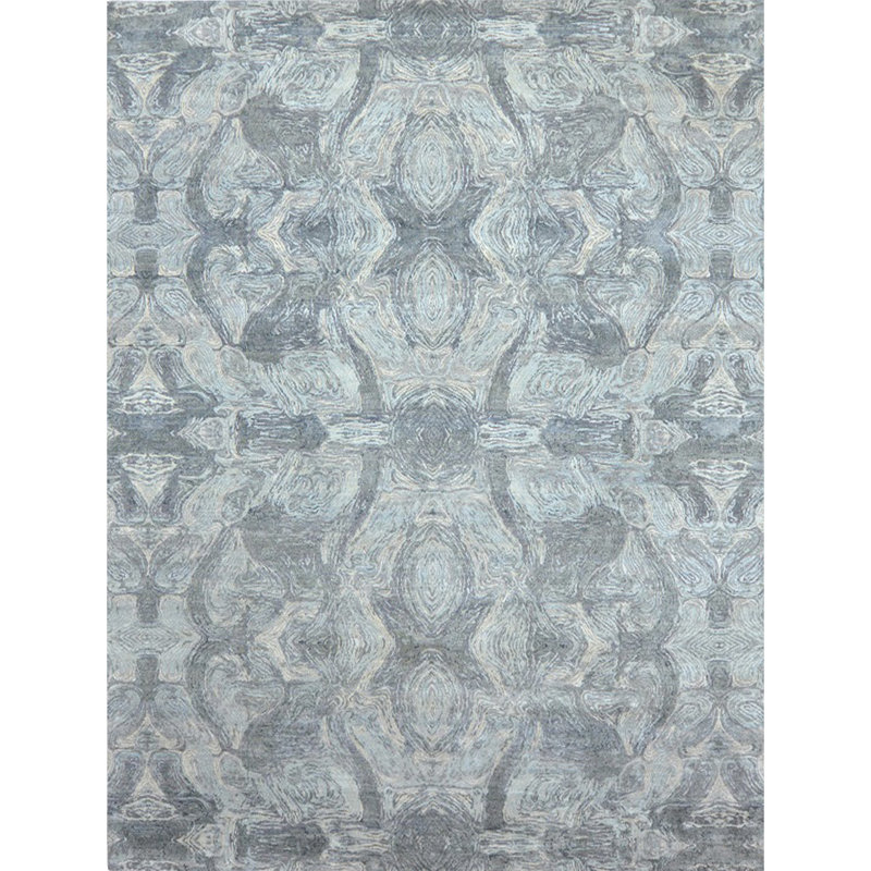 Tapis oriental en laine / soie noué à la main en blanc / gris, Rectangle 8 pi x 10 pi