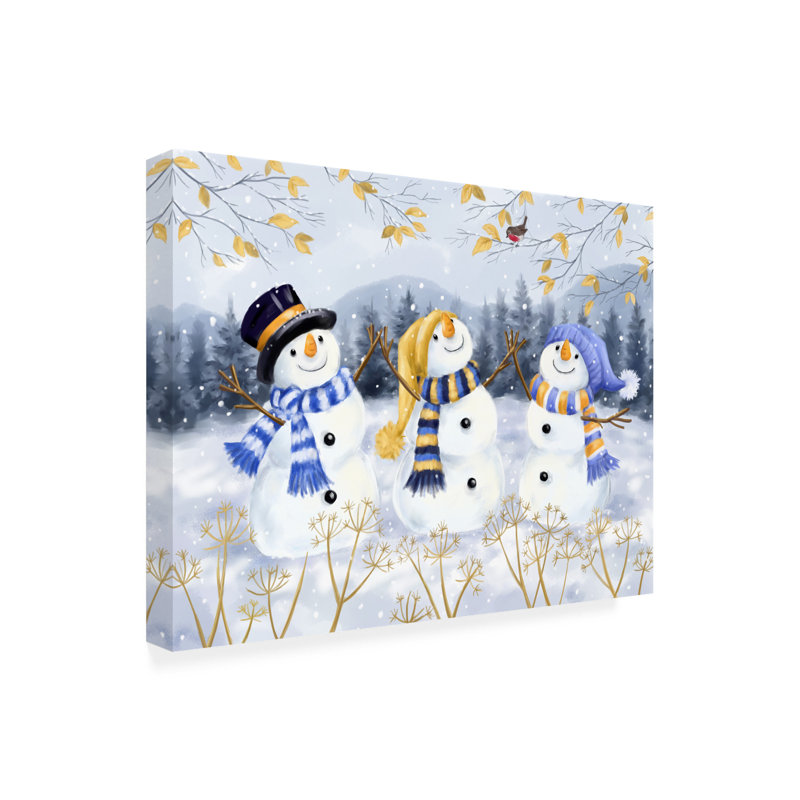 Art mural sur toile tendue - Décoration murale «Joyful Snowmen» MAKiko pour le salon, la chambre à coucher ou le bureau - 19 po x 14 po - 19 po x 14 po