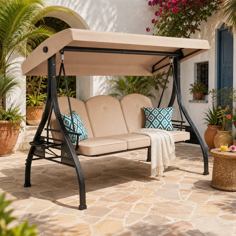 Balancelle-lit convertible 3 places pour terrasse extérieure de 195 cm (77 po) avec auvent réglable et porte-gobelets, capacité de 363 kg (800 lb).