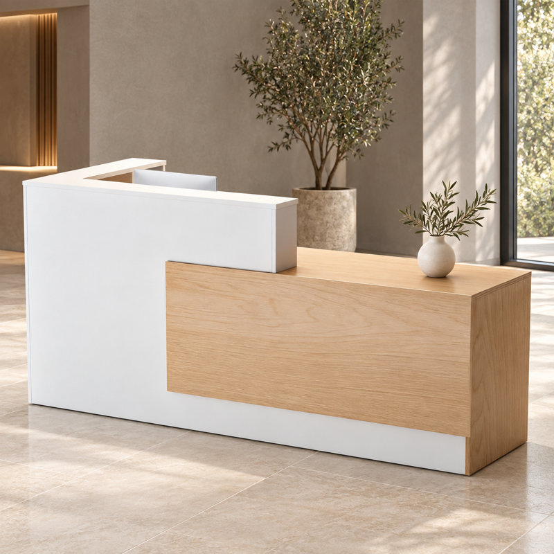 Bureau de réception en L moderne avec comptoir surélevé, finition blanche et aspect bois naturel, Left