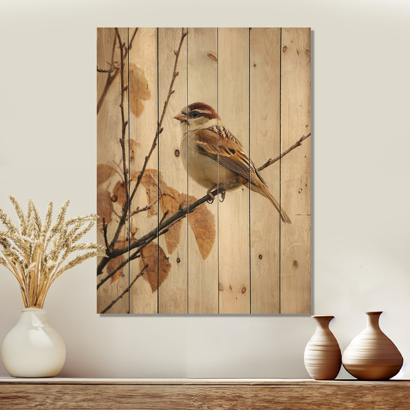 Curious Sparrow II - Bird Wood Print - On Natural Pine Wood, 44" H x 34" W x 0.78" D