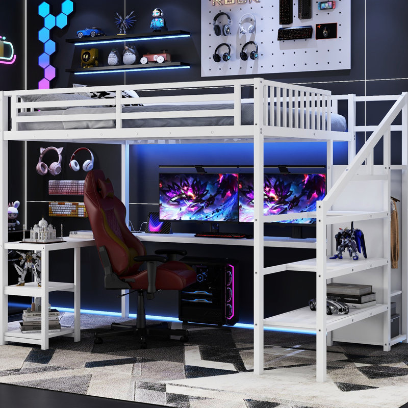Queen White Metal Loft Bed With Powder Coated Frame, Strong Bearing, And Desk Horizontal Slatted Headboard, Guard Rail, Under - Space