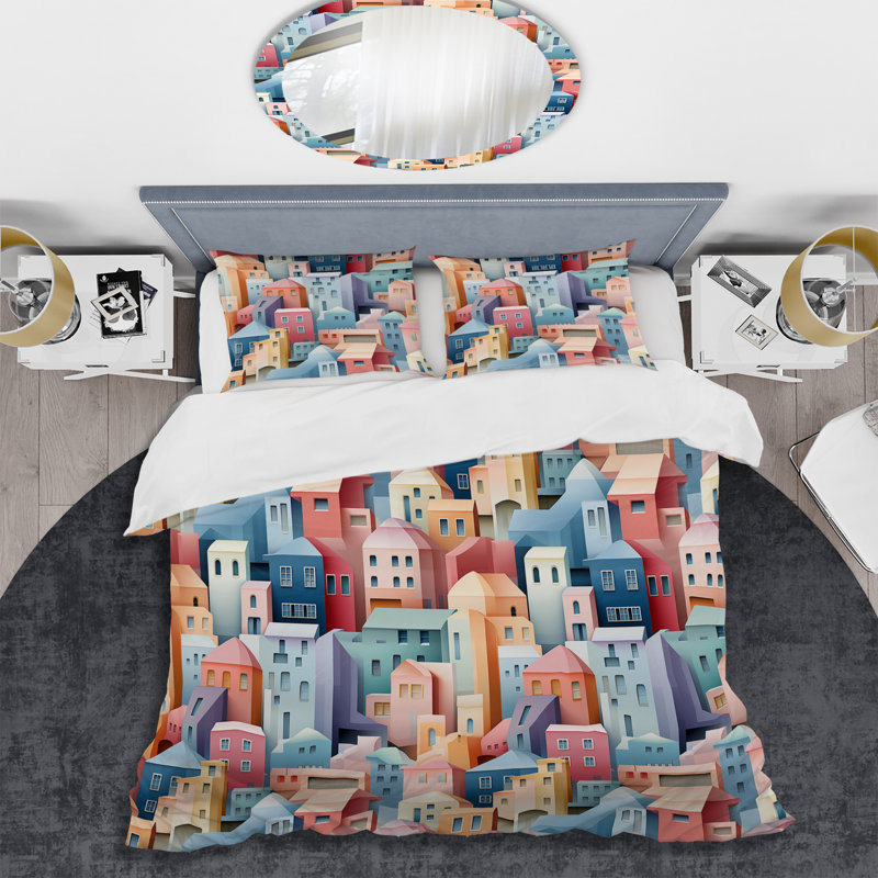 Literie urbaine en couleurs pastel, Housse de couette pour grand lit et 2 taies décor