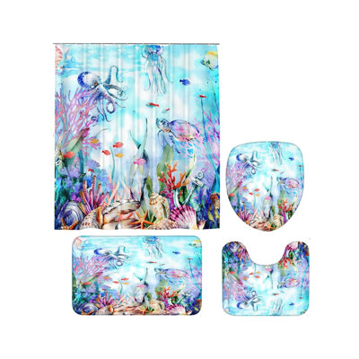4 Piece Watercolor Ocean Animal Bathroom Mat Kit