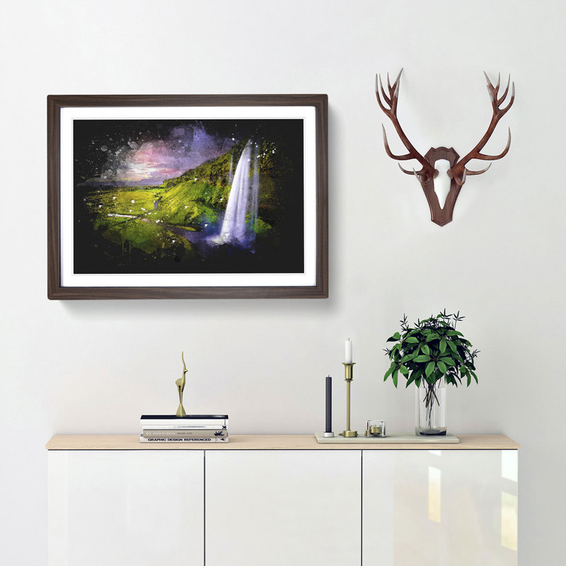 Seljalandsfoss Waterfall Iceland - Picture Frame Graphic Art, 45cm H x 63cm W x 2cm D, Walnut Framed