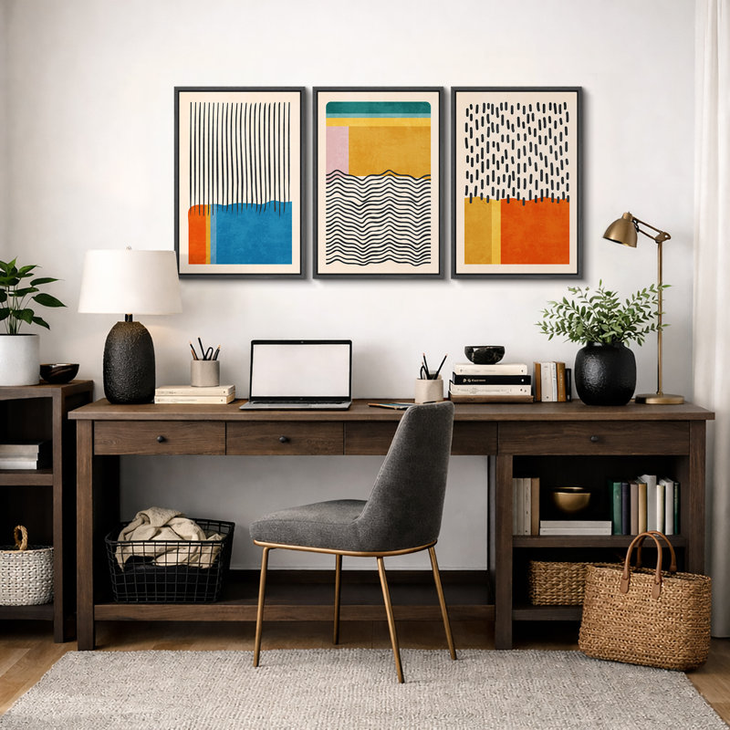 «Abstract Vibrant Color Blocks», œuvre d'art moderne de style Mid-Century, images murales multicolores géométriques, ensemble de 3 impressions sur toile encadrées
