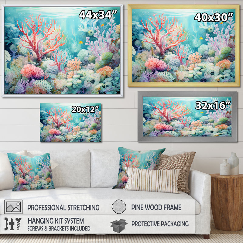 Underwater Coral Symphony Ii II - Coastal Coral Under Water, art mural, Cadre flottant doré, H 16 po x l 32 po x P 1 po