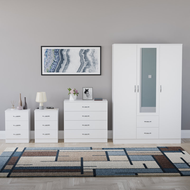 Tayce 4 Piece Bedroom Set (3 Drawer Bedside Chest X2, 4 Drawer Chest, 3 Door 2 Drawer Mirrored Wardrobe), White