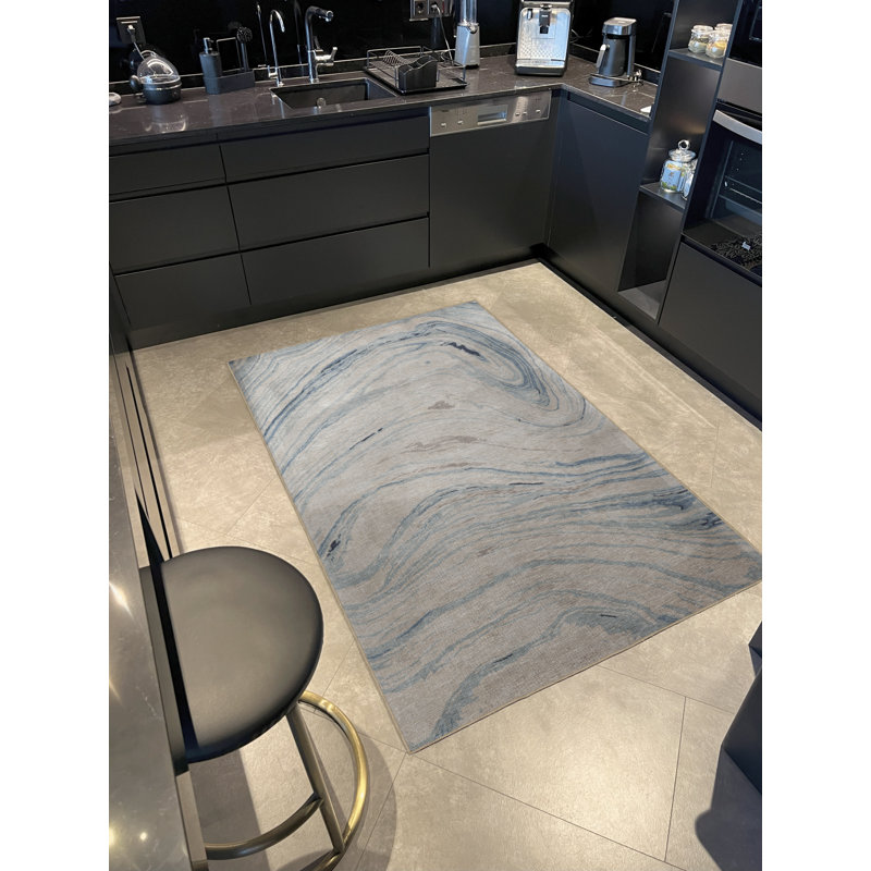 Tapis décoratif moderne à motif abstrait ondulé bleu et beige, Rectangle 4 pi 7,12 po x 6 pi 6,74 po