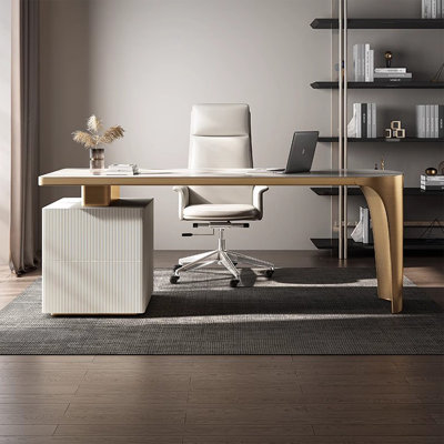 White Half-circle Sintered Stone Executive desk with drawers desk