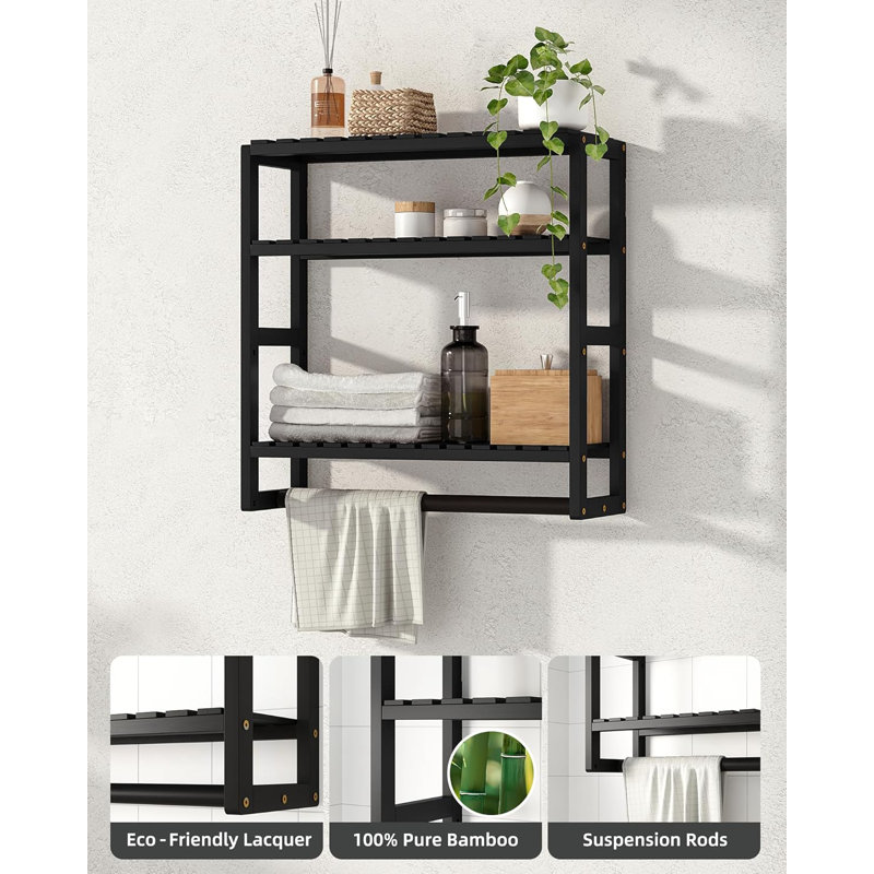 Over Toilet Storage Shelf With Towel Bar - 3 Tier Floating Wall Mounted Bathroom Organizer For Towels, Toilet Paper & Essentials - Space Saving Bamboo Shelving For Bathroom, Laundry Room & Kitchen